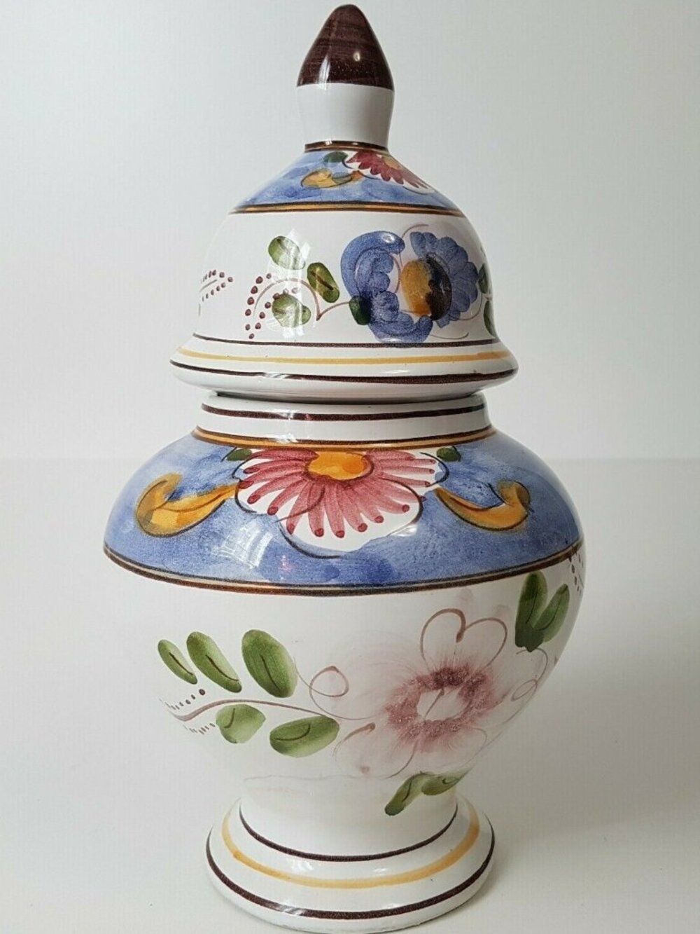 ART POTTERY Ginger Jar Hand Painted Floral Blue White Lidded Urn 9" Vintage
